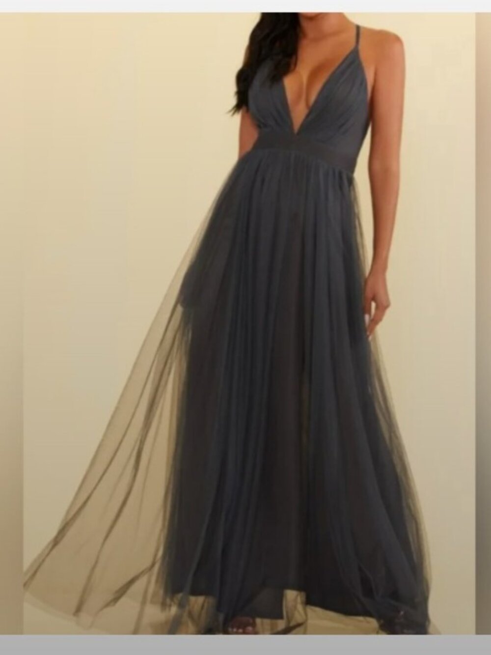 Luxxel Selena Tulle Maxi Dress in Charcoal Gray